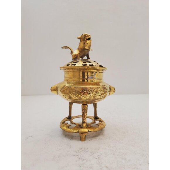 Antique brass/bronze incense burner with Foo Dog - Picture 2 of 10